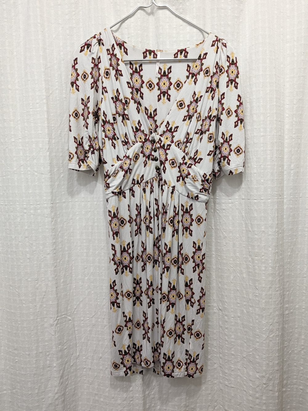 Free People White Midi Dress with Burgundy & Mustard Motif